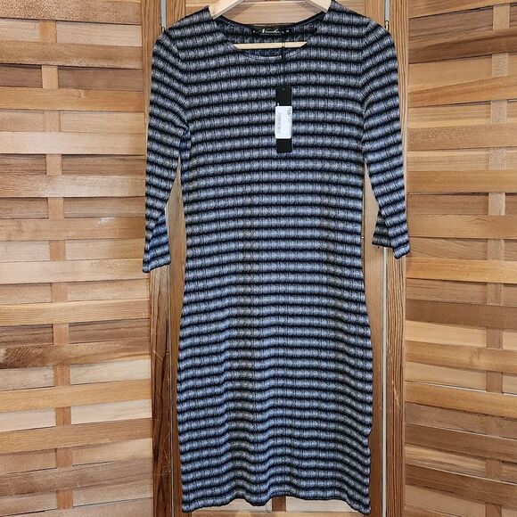 NWT Neesha Black Gray Striped Dress Women M Polyester - Picture 1 of 9